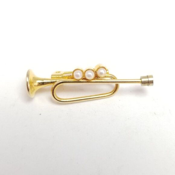 Vintage Trumpet Shape Brooch, Gold Tone Faux Pearl Lapel Pin, Instrument Music - Picture 6 of 6